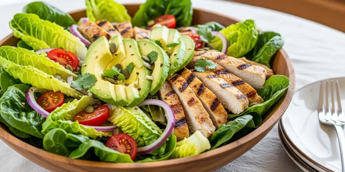 Salada com Abacate e Frango Grelhado Saudável e Proteica