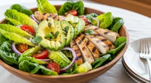 Salada com Abacate e Frango Grelhado Saudável e Proteica